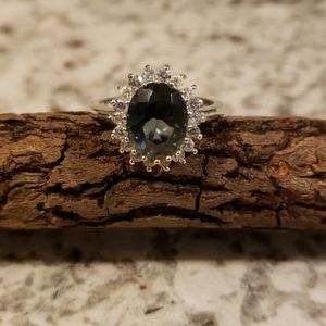 Stunning Silver Halo Blue Gemstone Ring Size 7